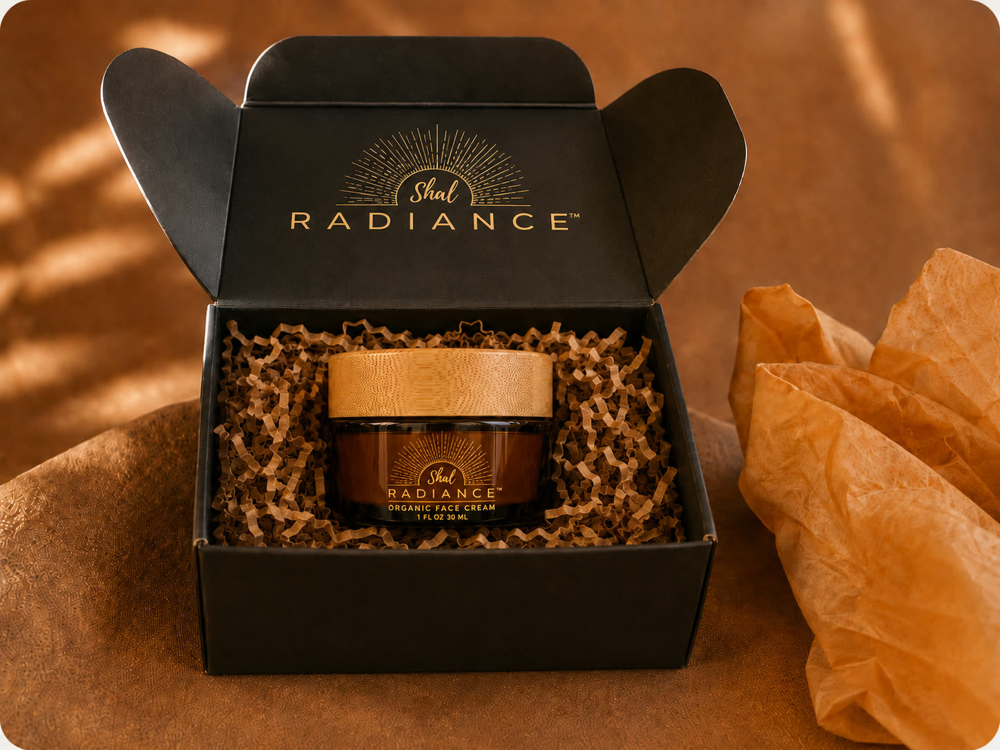 Shal Radiance unscented tallow balm in its gift box with the refillable travel tin