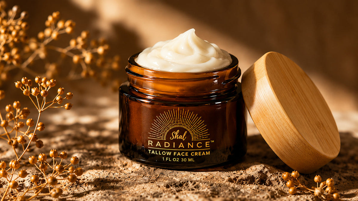 Shal Radiance Unscented Tallow Balm — 100% grass-fed beef tallow in a 1 fl oz amber glass jar with a bamboo lid
