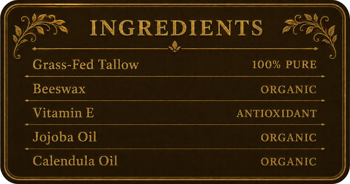Ingredient list: grass-fed tallow 100% pure, beeswax organic, vitamin E antioxidant, jojoba oil organic, calendula oil organic