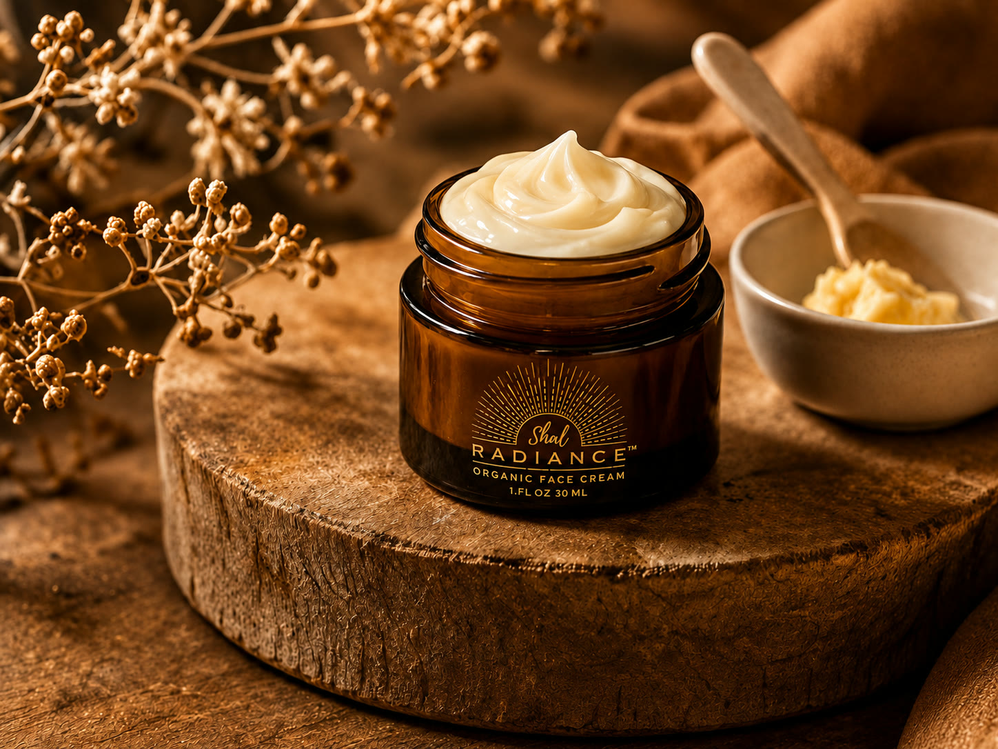 Shal Radiance unscented tallow balm open on a wood riser beside a bowl of raw tallow